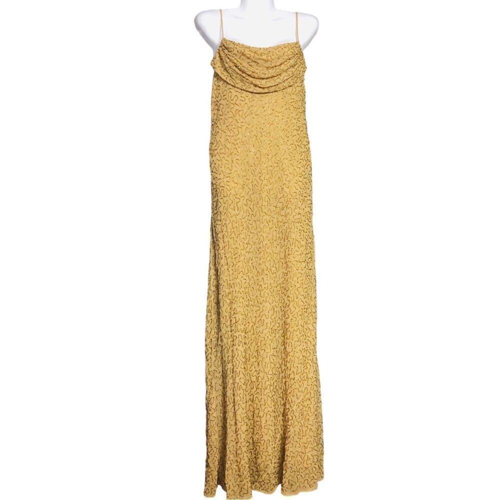 Vintage Marina Gold Mustard Beaded Cowl Neck Maxi
